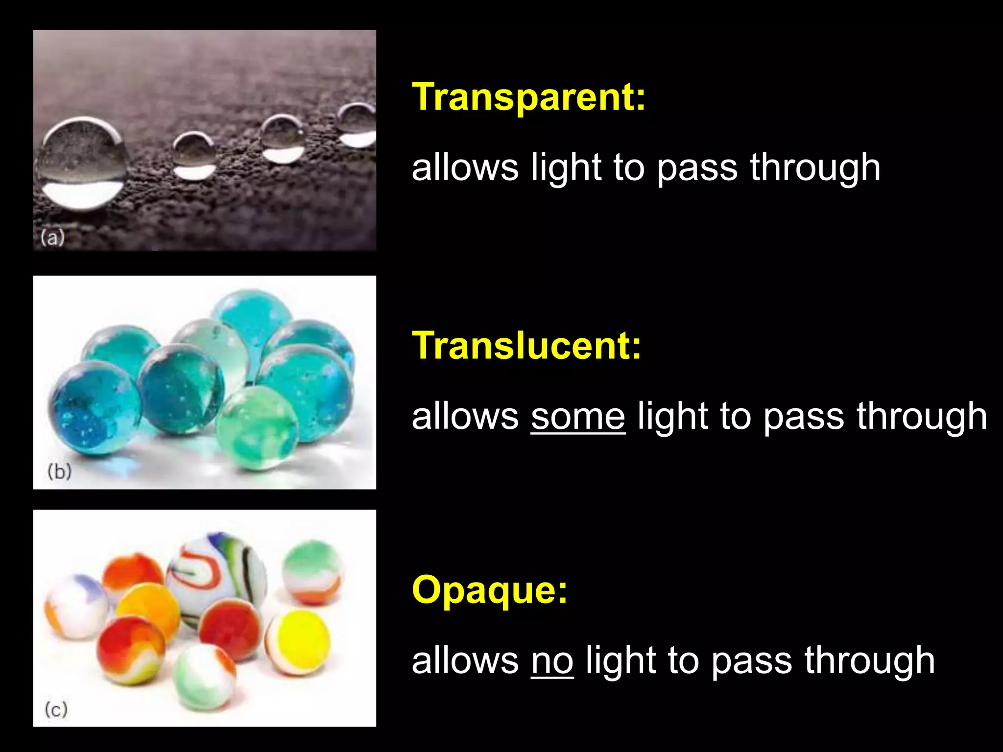 Transparent:allows light to pass throughTranslucent:allows some light to pass throughOpaque:allows no light to pass through
