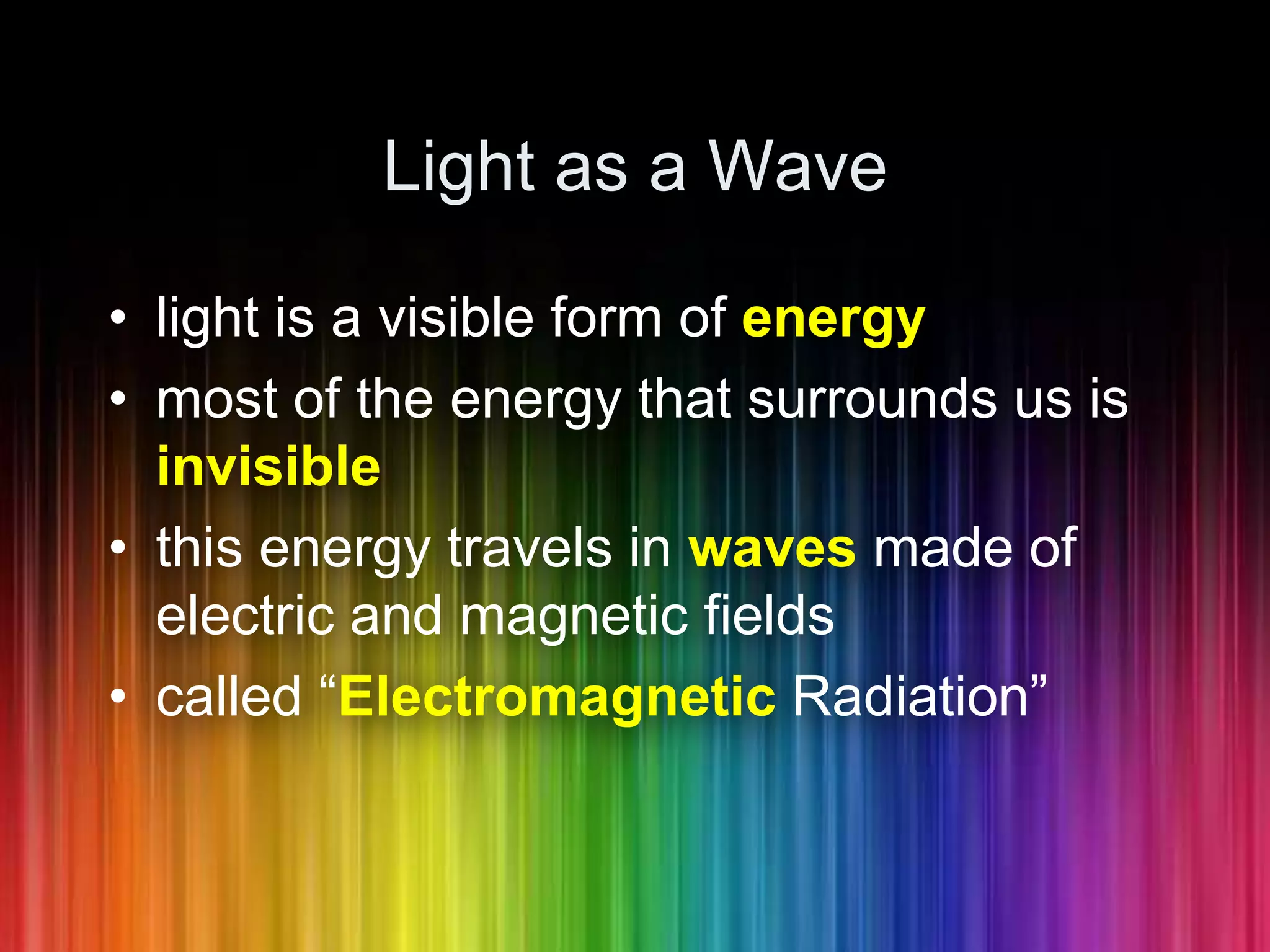 Light as a Wavelight is a visible form of energymost of the energy that surrounds us is invisiblethis energy travels in waves made of electric and magnetic fieldscalled “Electromagnetic Radiation”
