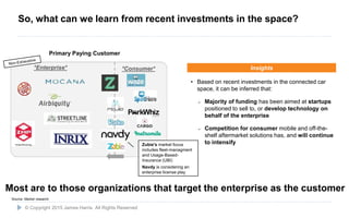 15
• Based on recent investments in the connected car
space, it can be inferred that:
˗ Majority of funding has been aimed at startups
positioned to sell to, or develop technology on
behalf of the enterprise
˗ Competition for consumer mobile and off-the-
shelf aftermarket solutions has, and will continue
to intensify
Insights*Enterprise* *Consumer*
Primary Paying Customer
Source: Market research
© Copyright 2015 James Harris. All Rights Reserved
So, what can we learn from recent investments in the space?
Most are to those organizations that target the enterprise as the customer
Zubie's market focus
includes fleet-managment
and Usage-Based-
Insurance (UBI)
Navdy is considering an
enterprise license play
 