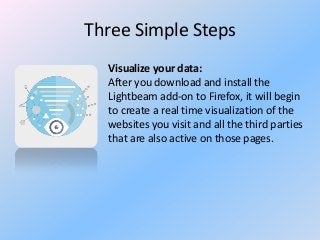 Three Simple Steps
Visualize your data:
After you download and install the
Lightbeam add-on to Firefox, it will begin
to create a real time visualization of the
websites you visit and all the third parties
that are also active on those pages.

 
