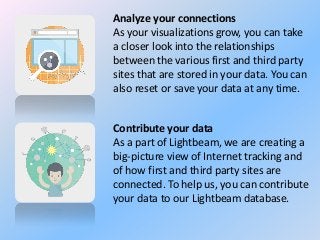 Analyze your connections
As your visualizations grow, you can take
a closer look into the relationships
between the various first and third party
sites that are stored in your data. You can
also reset or save your data at any time.

Contribute your data
As a part of Lightbeam, we are creating a
big-picture view of Internet tracking and
of how first and third party sites are
connected. To help us, you can contribute
your data to our Lightbeam database.

 