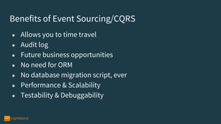 Benefits of Event Sourcing/CQRS
● Allows you to time travel
● Audit log
● Future business opportunities
● No need for ORM
● No database migration script, ever
● Performance & Scalability
● Testability & Debuggability
 