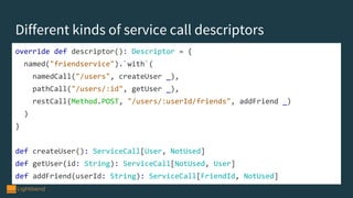 override def descriptor(): Descriptor = {
named("friendservice").`with`(
namedCall("/users", createUser _),
pathCall("/users/:id", getUser _),
restCall(Method.POST, "/users/:userId/friends", addFriend _)
)
}
def createUser(): ServiceCall[User, NotUsed]
def getUser(id: String): ServiceCall[NotUsed, User]
def addFriend(userId: String): ServiceCall[FriendId, NotUsed]
Different kinds of service call descriptors
 