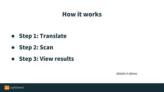 ● Step 1: Translate
● Step 2: Scan
● Step 3: View results
How it works
details in demo
 