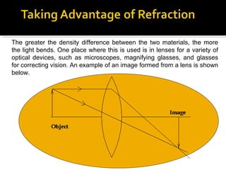 The greater the density difference between the two materials, the more the light bends. One place where this is used is in lenses for a variety of optical devices, such as microscopes, magnifying glasses, and glasses for correcting vision. An example of an image formed from a lens is shown below.  
