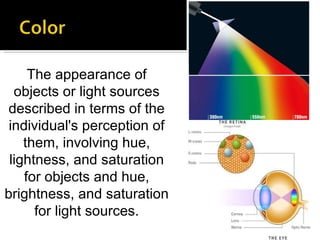 The appearance of objects or light sources described in terms of the individual's perception of them, involving hue, lightness, and saturation for objects and hue, brightness, and saturation for light sources. 