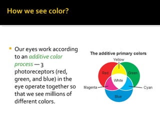 Our eyes work according to an  additive color process   — 3 photoreceptors (red, green, and blue) in the eye operate together so that we see millions of different colors. 