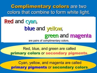 Complimentary colors   are two colors that combine to form white light. Red  and  cyan ,  blue  and  yellow ,  green  and  magenta are pairs of complimentary colors. Red, blue, and green are called primary colors  or  secondary pigments . Cyan, yellow, and magenta are called primary pigments  or  secondary colors . 
