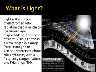 Light is the portion of electromagnetic radiation that is visible to the human eye, responsible for the sense of sight. Visible light has a wavelength in a range from about 380 or 400 nanometers to about 760 or 780 nm, with a frequency range of about 405 THz to 790 THz.  