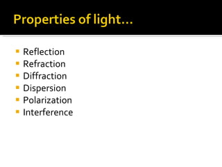 Reflection  Refraction Diffraction Dispersion Polarization Interference 