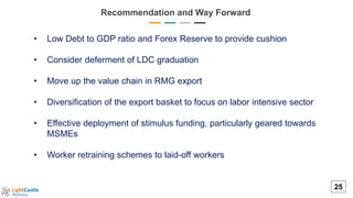 • Low Debt to GDP ratio and Forex Reserve to provide cushion
• Consider deferment of LDC graduation
• Move up the value ch...