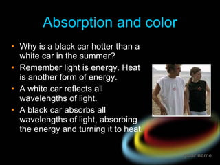Absorption and color Why is a black car hotter than a white car in the summer? Remember light is energy. Heat is another form of energy. A white car reflects all wavelengths of light. A black car absorbs all wavelengths of light, absorbing the energy and turning it to heat. 