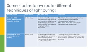 Author & journal Type of study Aim of the study conclusion
(Ernst et al. 2003)
Journal of esthetic and
restorative dentistry.
In-vitro study evaluated the influence of a
soft-start light-curing exposure
and conventional light curing
method on polymerization
shrinkage stress and marginal
integrity of adhesive
restorations
* Soft-start polymerization may lead to a
significant reduction in marginal
microleakage of adhesive.
* The effect of soft-start curing mode
depends on the material itself.
(Hofmann et al. 2003)
American journal of
dentistry
In-vitro study To determine polymerization
shrinkage & heat generated by
light-cured resin-based
composites after high intensity
vs. soft-start irradiation
* Soft-start protocols produced less
contraction, and polymerization shrinkage.
* Less heat was generated by the soft-start
protocols
Some studies to evaluate different
techniques of light curing:
 
