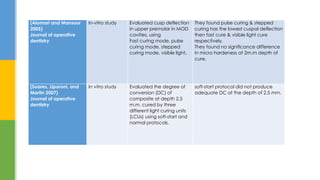 (Alomari and Mansour
2005)
Journal of operative
dentistry
In-vitro study Evaluated cusp deflection
in upper premolar in MOD
cavities, using
Fast curing mode, pulse
curing mode, stepped
curing mode, visible light.
They found pulse curing & stepped
curing has the lowest cuspal deflection
then fast cure & visible light cure
respectively.
They found no significance difference
in micro hardeness at 2m.m depth of
cure.
(Soares, Liporoni, and
Martin 2007)
Journal of operative
dentistry
In vitro study Evaluated the degree of
conversion (DC) of
composite at depth 2.5
m.m. cured by three
different light curing units
(LCUs) using soft-start and
normal protocols.
soft-start protocol did not produce
adequate DC at the depth of 2.5 mm.
 