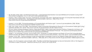  Ilie, Nicoleta, Esther Jelen, and Reinhard Hickel. 2011. “Is the Soft-Start Polymerisation Concept Still Relevant for Modern Curing Units?”
Clinical Oral Investigations 15 (1): 21–29. doi:10.1007/s00784-009-0354-5.
 Knezevic, Alena, Kristina Sariri, Ivica Sovic, Nazif Demoli, and Zrinka Tarle. 2010. “Shrinkage Evaluation of Composite Polymerized with LED
Units Using Laser Interferometry.” Quintessence International (Berlin, Germany : 1985) 41 (5): 417–25.
http://www.ncbi.nlm.nih.gov/pubmed/20376378.
 Knezević, A et al. 2002. “Photopolymerization of Composite Resins with Plasma Light.” Journal of oral rehabilitation 29(8): 782–86.
http://www.ncbi.nlm.nih.gov/pubmed/12220347 (April 25, 2015).
 Park, S Ho, I Krejci, and F Lutz. 2002. “Microhardness of Resin Composites Polymerized by Plasma Arc or Conventional Visible Light Curing.”
Operative dentistry 27(1): 30–37. http://www.ncbi.nlm.nih.gov/pubmed/11817467 (April 24, 2015).
 Piccioni, Máyra Andressa Rodrigues Valinhos, Flares Baratto-Filho, Milton Carlos Kuga, Eduardo Christiano Caregnatto de Morais, and
Edson Alves Campos. 2014. “Cuspal Movement Related to Different Polymerization Protocols.” The Journal of Contemporary Dental
Practice 15 (1): 26–28. http://www.ncbi.nlm.nih.gov/pubmed/24939260.
 Poggio, C, M Lombardini, S Gaviati, and M Chiesa. 2012. “Evaluation of Vickers Hardness and Depth of Cure of Six Composite Resins
Photo-Activated with Different Polymerization Modes.” Journal of Conservative Dentistry : JCD 15 (3): 237–41. doi:10.4103/0972-0707.97946
 Sharkey, S et al. 2001. “Surface Hardness of Light-Activated Resin Composites Cured by Two Different Visible-Light Sources: An in Vitro
Study.” Quintessence international (Berlin, Germany : 1985) 32(5): 401–5. http://www.ncbi.nlm.nih.gov/pubmed/11444075 (April 24, 2015).
 Soares, L E S, P C S Liporoni, and A A Martin. 2007. “The Effect of Soft-Start Polymerization by Second Generation LEDs on the Degree of
Conversion of Resin Composite.” Operative Dentistry 32 (2): 160–65. doi:10.2341/06-45
 