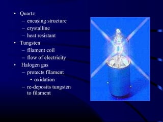 • Quartz
– encasing structure
– crystalline
– heat resistant
• Tungsten
– filament coil
– flow of electricity
• Halogen gas
– protects filament
• oxidation
– re-deposits tungsten
to filament
 