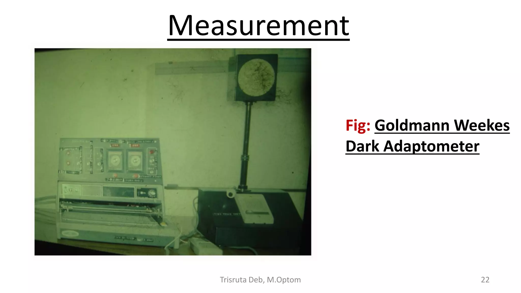 Measurement
Fig: Goldmann Weekes
Dark Adaptometer
Trisruta Deb, M.Optom 22
 
