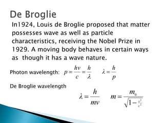 In1924, Louis de Broglie proposed that matter possesses wave as well as particle characteristics, receiving the Nobel Prize in 1929.A moving body behaves in certain ways as though it has a wave nature.Photon wavelength: De Broglie wavelengthDe Broglie
