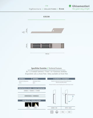 174
45
mm
140mm140mm
940 mm
KROM
Specifiche Tecniche // Technical Features
Materiale: Material:
lamiera di alluminio,
vetro.
aluminum sheet,
glass.
Soluzionemotorizzatadichiusuradelcorpoilluminante
all’internodelprofilodelpalo.
Motorizedsolutiontoclosethelightingfixtureinsidethepolesection.
SISTEMI OTTICI // OPTICAL SYSTEMS
TEMPERATURA DI COLORE // COLOUR TEMPERATURE
3000K // 4000K // 5700K
· TYPE 3 ·· TYPE 2 ·
DIMMERABILE // DIMMABLE
SU RICHIESTA // ON REQUEST
IP66 IK09
Da 1 a 4 moduli luminosi / From 1 to 4 luminous modules
Disponibile solo su Krom Pole / Only available on Krom Pole
GIORNO // DAY NOTTE // NIGHT
l i g h t e c t u r e / / C O L L E C T I O N S / / Krom
 