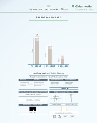 190
PHAROS 140 BOLLARD
979mm
621mm
350mm
P H 1 4 0 B M B P H 1 4 0 B S BP H 1 4 0 B B B
TIPO DI FISSAGGIO // FIXING TYPE
Monodirezionale // UNIDIRECTIONAL
IP66 IK09
FLANGIA // FLANGE PICCHETTO // EARTH SPIKESISTEMI OTTICI // OPTICAL SYSTEMS
TEMPERATURA DI COLORE // COLOUR TEMPERATURE
3000K // 4000K // 5700K
DIMMERABILE // DIMMABLE
· TYPE 6 180° ·
Specifiche Tecniche // Technical Features
Materiale: Versione disponibile: Available version:Material:
trafila di alluminio,
pressofusione di alluminio,
policarbonato.
Versione Compact
Apparecchio sigillato
installazione rapida.
CompactVersion
Sealed fixture for
quick installation.
extruded aluminium,
die-cast aluminium,
polycarbonate.
COMPACT
Modulo luminoso unico / Single luminous module
l i g h t e c t u r e / / C O L L E C T I O N S / / Pharos
0 140
mm
 