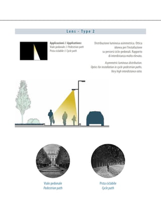 L e n s - T y p e 2
Applicazioni // Applications:
Viale pedonale // Pedestrian path
Pista ciclabile // Cycle path
Distribuzione luminosa asimmetrica. Ottica
idonea per l’installazione
su percorsi ciclo-pedonali. Rapporto
di interdistanza molto elevato.
Asymmetric luminous distribution.
Optics for installation in cycle-pedestrian paths.
Very high interdistance ratio.
Viale pedonale
Pedestrian path
Pista ciclabile
Cycle path
 