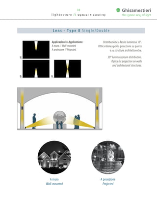 l i g h t e c t u r e / / O p t i c a l F l e x i b i l i t y
34
L e n s - T y p e 8 S i n g l e / D o u b l e
Applicazioni // Applications:
A muro // Wall-mounted
A proiezione // Projected
Distribuzione a fascio luminoso 30°.
Ottica idonea per la proiezione su parete
e su strutture architettoniche.
30° luminous beam distribution.
Optics for projection on walls
and architectural structures.
A muro
Wall-mounted
A proiezione
Projected
U.
D. B.
 