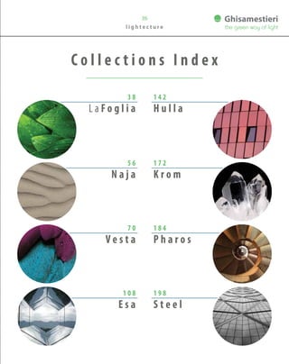 36
l i g h t e c t u r e
3 8
L a F o g l i a
5 6
N a j a
7 0
V e s t a
1 0 8
E s a
1 4 2
H u l l a
1 7 2
K r o m
1 8 4
P h a r o s
1 9 8
S t e e l
C o l l e c t i o n s I n d e x
 