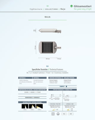 58
NAJA
100
mm325mm
484 mm 110 mm
Specifiche Tecniche // Technical Features
TIPO DI FISSAGGIO // FIXING TYPE
IP66 IK09
Materiale: Material:
SISTEMI OTTICI // OPTICAL SYSTEMS
TEMPERATURA DI COLORE // COLOUR TEMPERATURE
3000K // 4000K // 5700K
· TYPE 3 · · TYPE 4 ·· TYPE 2 ·
TESTA PALO // Pole-TOP LATERALE // SIDE
Regolabile con step da 5°
Adjustablewith5°steps
Regolabile con step da 5°
Adjustablewith5°steps
15° 10°
15°
DIMMERABILE // DIMMABLE
Da 1 a 5 moduli luminosi / From 1 to 5 luminous modules
Versione disponibile: Available version:
Versione Compact
Apparecchio sigillato
installazione rapida.
CompactVersion
Sealed fixture for
quick installation.
COMPACT
0 42-60 mm
0 60-76 mm 0 42-60 mm
0 60-76 mm
trafila di alluminio,
pressofusione di alluminio,
vetro.
extruded aluminium,
die-cast aluminium,
glass.
N J
l i g h t e c t u r e / / C O L L E C T I O N S / / N a j a
 