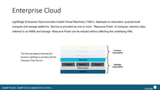 Local People. Local Cloud. Local Data Centers.
Enterprise Cloud
LightEdge Enterprise Cloud provides hosted Virtual Machines (“VMs”), deployed on redundant, purpose-built
compute and storage platforms. Service is provided as one or more “Resource Pools” of compute, memory (also
referred to as RAM) and storage. Resource Pools can be resized without affecting the underlying VMs.
 