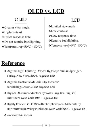 18
OLED vs. LCD
Greater view angle.
High contrast.
Faster response time.
Do not require backlighting.
Temperature(~50°C – 80°C).
Limited view angle.
Low contrast.
Slow response time.
Require backlighting.
Temperature(~0°C-100°C).
OLED LCD
Reference
OrganicLight Emitting Devices By Joseph Shinar-springer-
Verlag, New York, 2004, Page No 150
OrganicElectronic Materials By Riccardo
Farchichi,g.Grosso,2000,Page No 135
Physics Of Semiconductors By Wolf Gang Brutling ,VBH
Publishers, New York,1999, Page No 451
Highly Efficient OLED,S With Phosphorescent Materials By
HartmutVersin,Wiley Publishers New York 2000, Page No 121
www.oled-info.com
 