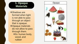 Shadows are
formed when light
is not able to pass
through an object
that is opaque.
Opaque materials
do not allow to pass
through them.
Ex: human body,
wood, and
rubber
 