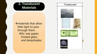 materials that allow
little light to pass
through them.
Ex: wax paper,
frosted glass,
and lampshades
 