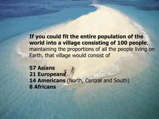If you could fit the entire population of the
world into a village consisting of 100 people,
maintaining the proportions of all the people living on
Earth, that village would consist of
57 Asians
21 Europeans
14 Americans (North, Central and South)
8 Africans

 
