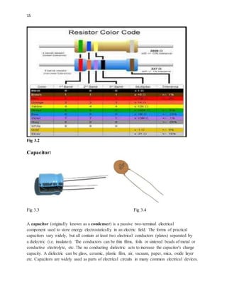 15
Fig 3.2
Capacitor:
Fig 3.3 Fig 3.4
A capacitor (originally known as a condenser) is a passive two-terminal electrical
component used to store energy electrostatically in an electric field. The forms of practical
capacitors vary widely, but all contain at least two electrical conductors (plates) separated by
a dielectric (i.e. insulator). The conductors can be thin films, foils or sintered beads of metal or
conductive electrolyte, etc. The no conducting dielectric acts to increase the capacitor's charge
capacity. A dielectric can be glass, ceramic, plastic film, air, vacuum, paper, mica, oxide layer
etc. Capacitors are widely used as parts of electrical circuits in many common electrical devices.
 