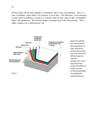 29
We have dealt with the main principles of amorphous silicon solar cell production. There is a
mass of subsidiary detail which is too extensive to cover here. Cell efficiencies can be increased
to some extent by including a second p-i-n structure under the first, using an alloy of amorphous
silicon with germanium. This absorbs a longer wavelength part of the solar spectrum. This is
called a tandem cell or multi-junction cell.
Fig 8.1
Spectrum-splitting
cell,constructed of
three separate p-i-n
type,amorphous
semiconductorsolar
sub-cells,eachwitha
differentspectral
response
characteristic.Inthis
way,the cell can
convertthe different
visible andnear
infraredwavelengths
of sunlightwith
optimal efficiency.
 