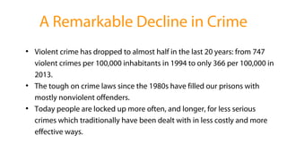 A Remarkable Decline in Crime
●
Violent crime has dropped to almost half in the last 20 years: from 747
violent crimes per 100,000 inhabitants in 1994 to only 366 per 100,000 in
2013.
●
The tough on crime laws since the 1980s have filled our prisons with
mostly nonviolent offenders.
●
Today people are locked up more often, and longer, for less serious
crimes which traditionally have been dealt with in less costly and more
effective ways.
 