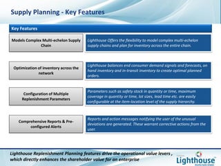 Page 17
Lighthouse Replenishment Planning features drive the operational value levers ,
which directly enhances the shareholder value for an enterprise
Key Features
Lighthouse Offers the flexibility to model complex multi-echelon
supply chains and plan for inventory across the entire chain.
Lighthouse balances end consumer demand signals and forecasts, on
hand inventory and in-transit inventory to create optimal planned
orders.
Parameters such as safety stock in quantity or time, maximum
coverage in quantity or time, lot sizes, lead time etc. are easily
configurable at the item-location level of the supply hierarchy.
Models Complex Multi-echelon Supply
Chain
Optimization of inventory across the
network
Configuration of Multiple
Replenishment Parameters
Comprehensive Reports & Pre-
configured Alerts
Reports and action messages notifying the user of the unusual
deviations are generated. These warrant corrective actions from the
user.
Supply Planning - Key Features
 