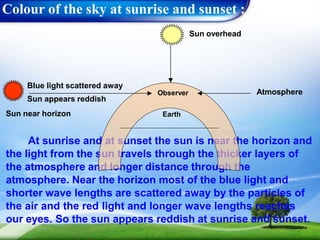 Colour of the sky at sunrise and sunset :
At sunrise and at sunset the sun is near the horizon and
the light from the sun travels through the thicker layers of
the atmosphere and longer distance through the
atmosphere. Near the horizon most of the blue light and
shorter wave lengths are scattered away by the particles of
the air and the red light and longer wave lengths reaches
our eyes. So the sun appears reddish at sunrise and sunset.
Observer
Sun overhead
Blue light scattered away
Sun appears reddish
Sun near horizon
Atmosphere
Earth
 