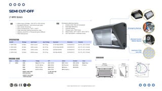 Com. Series Rated Voltage CCT Option Duration Cover
LT WP01 40W Blank=100-277vac 30K =3000K DM=1-10VDC STD.=90MIN. Blank=Glass
60W H =200-480vac 40K=4000K PC=Photocell 2H=120MIN. P=Plastic
90W M=120-347vac 50K=5000K MS=Motion 3H=180MIN.
120W E=200-240vac 57K= 5700K EM=Emergency
60WCP =36W-48W-
60W Selectable
T= 30K-40K-50K
Selectable
120WCP =72W-100W
-120W Selectable
Remote Control
Motion Sensor
Model# Wattage Light Output Input Voltage Equivalent Dimension Standard
LT-WP01-40W 40 Watt 6,600 Lumens 120-277vac 75-100 Watt MH/HPS 14.4"X9.25"X7.5" DLC, ETL, cETL, CE, RoHS
LT-WP01-60W 60 Watt 9,600 Lumens 120-277vac 125-150 Watt MH/HPS 14.4"X9.25"X7.5" DLC, ETL, cETL, CE, RoHS
LT-WP01-90W 90 Watt 12,400 Lumens 120-277vac 250 Watt MH/HPS 14.4"X9.25"X7.5" DLC, ETL, cETL, CE, RoHS
LT-WP01-120W 120 Watt 16,400 Lumens 120-277vac 400 Watt MH/HPS 14.4"X9.25"X7.5" DLC, ETL, cETL, CE, RoHS
premium Chip
140 LPW
Emergency Backup
www.lightideled.com | sales@lightideled.com
SEMI CUT-OFF
LT-WP01 Series
ORDERING GUIDE
01 02 Emergency Backup Option
1. UL924 & CEC Title 20 Compliant
2. DoE High Efficiency
3. Internal battery
4. Charge cycle: >500 times
5. Work Temp. -22°F~+122°F ( -30°C~50°C).
6. 2in1 Test switch + Indicator lamp
Wide Input Voltage – 100-277 or 120~347vac
Excellent Efficacy – 140 lumens per watt
Std.1-10vdc Dimming
Work Temperature: -40ºF ~+140°F
High-duty die-casting aluminum case
Shatter-proof PC or Tempered glass diffuser
IP65 Waterproof
Dark Sky
Compliant Shield
SPECIFICATION
DIMENSION
 