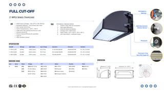 Remote Control
Motion Sensor
Com. Series Rated Voltage CCT Option Duration Finish
LT WPCA 35W Blank=100-277vac 30K =3000K DM=1-10VDC STD.=90MIN. Blank=Bronze
60W H =200-480vac 40K=4000K PC=Photocell 2H=120MIN. WH=White
80W M=120-347vac 50K=5000K MS=Motion Sensor 3H=180MIN.
E=200-240vac 57K= 5700K EM=Emergency Battery
65K= 6500K
Model# Wattage Light Output Input Voltage Equivalent Dimension Standard
LT-WPCA-35W 35 Watt 4,900 Lumens 120-277vac 75-100 Watt MH/HPS 320X182X182 MM ETL, cETL, CE, RoHS
LT-WPCA-60W 60 Watt 6,600 Lumens 120-277vac 125-150 Watt MH/HPS 320X182X182 MM ETL, cETL, CE, RoHS
LT-WPCA-80W 80 Watt 11,400 Lumens 120-277vac 250 Watt MH/HPS 320X182X182 MM ETL, cETL, CE, RoHS
Emergency Backup Option
1. UL924 & CEC Title 20 Compliant
2. DoE High Efficiency
3. Internal /external battery
4. Charge cycle: >500 times
5. Work Temp. -22°F~+122°F ( -30°C~50°C).
6. 2in1 Test switch + Indicator lamp
01 02
Wide Input Voltage – 100-277 or 120~347vac
Excellent Efficacy – 140 lumens per watt
Std.1-10vdc Dimming
Work Temperature: -40ºF ~+130°F
High-duty die-casting aluminum case
Shatter-proof PC
Motion Sensor/Photocell available
Type III
IP65 Outdoor Rated
FULL CUT-OFF
LT-WPCA Series (Trapezoid)
ORDERING GUIDE
SPECIFICATION
Emergency
Backup
Premium Chip
140 LPW (Type III)
Photocell
www.lightideled.com | sales@lightideled.com
DIMENSION
 