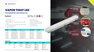 Emergency
Backup
Com. Series Length Profile Voltage CCT Option
LT TPV 2=2' N=Narrow Blank=100-277vac 30K =3000K DM=1-10VDC
4=4' W=Wide HV =200-480vac 40K=4000K PC=Photocell
5=5' EV=200-240vac 50K=5000K MS=Motion
57K= 5700K EM=Emergency Kit
Lightide Industrial
Model# ADJ. Wattage CCT Light Output Dimension
LT-TPV2N 20W/18W/16W/14W 30K/40K/50K, ADJ 2,900 lumens 600x90x80 mm
LT-TPV2W 32W/28W/26W/24W ADJ. 30k-40k-50k 4,640 lumens 600x120x88 mm
LT-TPV4N 44W/40W/36W/32W 30K/40K/50K, ADJ 6,400 lumens 1200x90x80 mm
LT-TPV4W 54W/50W/45/40W 30K/40K/50K, ADJ 7,800 lumens 1200x120x88 mm
LT-TPV5N 60W/54W/48W/42W 30K/40K/50K, ADJ 8,800 lumens 1500x90x80 mm
LT-TPV5W 72W/66W/60W/54W 30K/40K/50K, ADJ 10,800 lumens 1500x120x88 mm
IP65
CCT & Wattage
Selectable
High Efficacy
145 LPW
Order Info.
VAPOR TIGHT LED
WATERPROOF IP65 (NEMA 4X)
Feature
UL94-V0 Rated
IP65 Rated, NEMA4X
Optional Emergency Backup
Stainless steel fastener/clips
5 Year Warranty
CB, SAA, CE, RoHS
130-145 LPW
Beam Angle- 120O
Easy Installation – Suspending mount, Surface
Mount
Shatter-proof Polycarbontae housing & diffuser
Optional motion sensor
Impact rated-IK80
 
