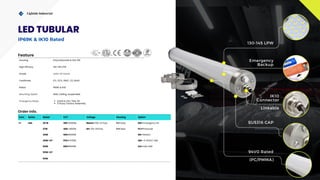 Lightide Industrial
94V0 Rated
(PC/PMMA)
Emergency
Backup
IK10
Connector
Linkable
SUS316 CAP
Com Series Rated CCT Voltage Housing Option
LT LBA 20 W 30K =3000K Blank= 100-277vac F=Frosty EM= Emergency Kit
27W 40K=4000K M= 120-347vac C=Clear PC=Photocell
40W 50K=5000K MS=Motion
40W-CP 57K= 5700K DM= 0-10VDC DIM
50W 65K=6500K DA= DALI DIM
50W-CP
60W
Housing Polycarbonate & SUS 316
High Efficacy 130-145 LPW
Grade UL94-V0 Flame
Certificate ETL, CETL, ENEC, CE, RoHS
Rated IP69K & IK10
Mounting Option Wall, Ceiling, Suspended
Emergency Mode UL924 & CEC Title-20
3 hours, Factory Assembly
IP69k
Order Info.
Feature
130-145 LPW
LED TUBULAR
IP69K & IK10 Rated
 