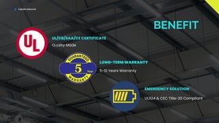 Lightide Industrial
BENEFIT
UL/CB/SAA/CE CERTIFICATE
LONG-TERM WARRANTY
EMERGENCY SOLUTION
Quality Made
5~10 Years Warranty
UL924 & CEC Title-20 Compliant
 