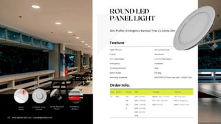 ROUND LED
PANEL LIGHT
Slim Profile | Emergency Backup| Triac /1-10vdc Dim
Com. Series Rated LED Voltage Control
LT RPL 04 27K =2700K Blank= 100-277VAC TD=Triac Dim
06 30K =3000K EV= 200-240VAC EM= Emergency
08 40K =4000K MV=277VAC DM=1-10VDC Dim
11 50K =5000K
65K =6500K
RGB
1-10VDC /Triac
Dimmer
Spring Recessed
Mount
Emergency
Backup
Sensor
Ready
Light Efficacy 90 Lumens/watt
Emergency
Emitting Direction Side
CCT Selectable 5 CCTs Field Select.
Dimming Available 120V/220V/277vac triac dim, 1-10VDC Dim
Frame Aluminum
Feature
Order Info.
Beam Angle 120 deg.
Available
13 www.lightide-tech.com | sales@lightideled.com
 
