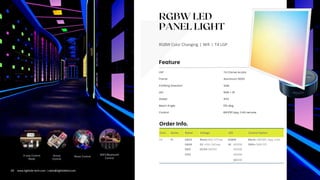 RGBW LED
PANEL LIGHT
RGBW Color Changing | Wifi | T4 LGP
Com. Series Rated Voltage LED Control Option
LT PL 0603 Blank=100-277vac RGBW Blank= WIFI/BT, App, 2.4G
0606 EV =100-240vac W: 4000K DMX= DMX 512
0612 DV24=24VDC 6500K
0312 5000K
3000K
T4 Chimei Acrylic
Side
Group
Control
Music Control
WIFI/Bluetooth
Control
3-way Control
Mode
LGP
LED
Rated
RGB + W
IP42
Emitting Direction
Control
Frame Aluminum 6063
Feature
Order Info.
Beam Angle 155 deg.
WIFI/BT,App, 2.4G remote
05 www.lightide-tech.com | sales@lightideled.com
 