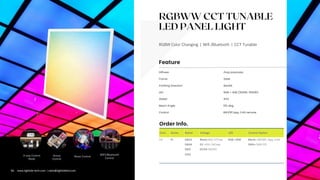 RGBWW CCT TUNABLE
LED PANEL LIGHT
RGBW Color Changing | Wifi /Bluetooth | CCT Tunable
Com. Series Rated Voltage LED Control Option
LT PL 0603 Blank=100-277vac RGB +WW Blank= WIFI/BT, App, 2.4G
0606 EV =100-240vac DMX= DMX 512
0612 DV24=24VDC
0312
Group
Control
Music Control
WIFI/Bluetooth
Control
3-way Control
Mode
Polycarbonate
Backlit
Diffuser
LED
Rated
RGB + WW (3000K-6500K)
IP42
Emitting Direction
Control
Frame Steel
Feature
Order Info.
Beam Angle 155 deg.
WIFI/BT,App, 2.4G remote
06 www.lightide-tech.com | sales@lightideled.com
 