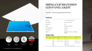 SRING CLIP RECESSED
LED PANEL LIGHT
Ultra-Slim | T3 LGP | Spring Clip Recessed Mount
Com. Series Rated Voltage LED Option
LT PL 0312 Blank=100-277vac 30K=3000K DM=1-10VDC
0606 EV =200-240vac 40K=4000K PC=Photocell
0612 65K=6500K EM=Emergency
0303 50K=5000K
0306 T= 30K-40K-50K Selectable
1-10VDC
Dimmer
Spring Recessed
Mount
Emergency
Backup
Sensor
Ready
Mount Spring Clip Recessed
Side View
Waterproof IP42
Control
Light Efficacy 100-120 Lumen/watt
Feature
Order Info.
Beam Angle 155 deg.
Emitting Direction
Photocell, 1-10vdc dim, Emergency
backup
08 www.lightide-tech.com | sales@lightideled.com
Al + T3 Chimei Acrylic LGP
Housing
 