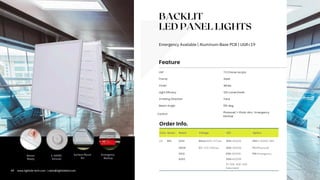 BACKLIT
LED PANEL LIGHTS
Emergency Available | Aluminum-Base PCB | UGR<19
Com. Series Rated Voltage LED Option
LT BPL 0312 Blank=100-277vac 30K=3000K DM=1-10VDC DIM
0606 EV =170-240vac 40K=4000K PC=Photocell
0612 65K=6500K EM=Emergency
6262 50K=5000K
T= 30K-40K-50K
Selectable
1-10VDC
Dimmer
Surface Mount
Kit
Emergency
Backup
Sensor
Ready
09 www.lightide-tech.com | sales@lightideled.com
LGP T3 Chimei Acrylic
Light Efficacy
Emitting Direction
120 Lumen/watt
Face
Finish White
Control
Photocell, 1-10vdc dim, Emergency
backup
Frame Steel
Feature
Order Info.
Beam Angle 155 deg.
 