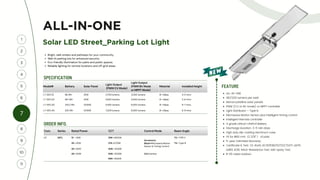 Com. Series Rated Power CCT Control Mode Beam Angle
LT SSTL 15 =15W 30K =3000K
Accessory:
Blank=Microwave Motion
Sensor & Timing Control
T2= TYPE II
20 =20W 27K =2700K T3= Type III
30 =30W 40K= 4000K
40 =40W 50K= 5000K CA=Camera
65K= 6500K
Model# Battery Solar Panel
Light Output
(PWM CV Mode)
Light Output
(PWM BV Mode
or MPPT Mode)
Material Installed Height
LT-SSTL15 96 WH 35W 2,700 lumens 3,000 lumens Al +Glass 4-5 mtrs
LT-SSTL20 160 WH 35W 3,600 lumens 4,000 lumens Al +Glass 5-6 mtrs
LT-SSTL30 243.2 Wh 2X35W 5,400 lumens 6,000 lumens Al +Glass 6-7 mtrs
LT-SSTL40 320 Wh 2X35W 7,200 lumens 8,000 lumens Al +Glass 6-8 mtrs
7
3
1
4
2
6
5
8
9
10
11
ALL-IN-ONE
ORDER INFO.
SPECIFICATION
ALL-IN-ONE
180/200 lumens per watt
Monocrystalline solar panels
PWM (CV or BV mode) or MPPT controller
Light Distributor – Type III
Microwave Motion Sensor plus intelligent timing control
Intelligent Remote controller
A grade Lithium LiFePo4 Battery
Discharge duration: 3-5 rain days
High duty die-casting aluminum case
Fit for Ø60 mm（2 3/8“ ） of pole
5-year Unlimited Warranty
Certificate & Test: CE, RoHS, IEC60598/62722/72471, LM79,
LM80, IK08, Wind-Resistance Test, Salt-spray Test.
IP 65 rated outdoor
Bright, safe streets and pathways for your community.
Well-lit parking lots for enhanced security.
Eco-friendly illumination for parks and public spaces.
Reliable lighting for remote locations and off-grid areas.
Solar LED Street_Parking Lot Light
FEATURE
 