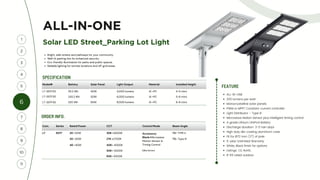 ALL-IN-ONE
Com. Series Rated Power CCT Control Mode Beam Angle
LT SSTF 20 =20W 30K =3000K Accessory:
Blank=Microwave
Motion Sensor &
Timing Control
T2= TYPE II
30 =30W 27K =2700K T3= Type III
40 =40W 40K= 4000K
50K= 5000K CA=Camera
65K= 6500K
Model# Battery Solar Panel Light Output Material Installed Height
LT-SSTF20 115.2 Wh 40W 4,000 lumens Al +PC 4-5 mtrs
LT-SSTF30 243.2 Wh 50W 6,000 lumens Al +PC 5-6 mtrs
LT-SSTF40 320 Wh 65W 8,000 lumens Al +PC 6-8 mtrs
ORDER INFO.
SPECIFICATION
ALL-IN-ONE
200 lumens per watt
Monocrystalline solar panels
PWM or MPPT Constant-current controller
Light Distributor – Type III
Microwave Motion Sensor plus intelligent timing control
A grade Lithium LiFePo4 Battery
Discharge duration: 3-5 rain days
High duty die-casting aluminum case
Fit for Ø72 mm (3”) of pole
5-year Unlimited Warranty
White, Black finish for options
Listings: CE, RoHS,
IP 65 rated outdoor
6
3
1
4
2
7
5
8
9
10
11
Bright, safe streets and pathways for your community.
Well-lit parking lots for enhanced security.
Eco-friendly illumination for parks and public spaces.
Reliable lighting for remote locations and off-grid areas.
Solar LED Street_Parking Lot Light
FEATURE
 